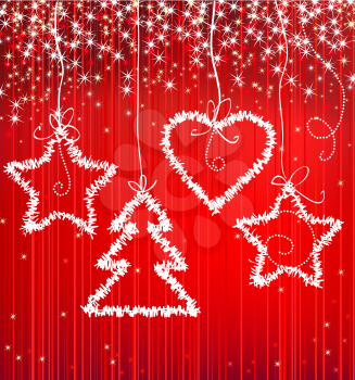Christmas red vector sparkle background with tree, star, heart