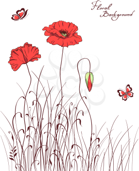 red poppy & grass silhouettes background vector illustration