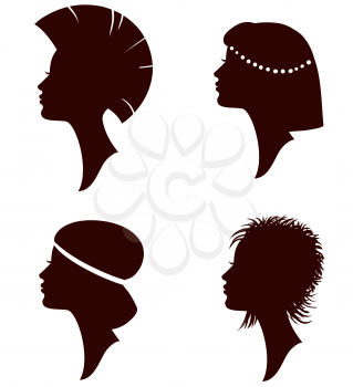 vector beautiful women and girl silhouettes with different hairstyle, set