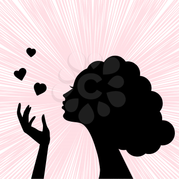 beautiful woman face silhouette with heart kiss
