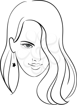 Girl Face with Beautiful Hair, Vector Sketch