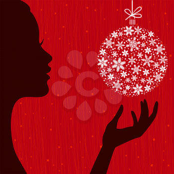 
Christmas Eve background. Profile Silhouette of Pretty Young Woman with Snowflake Ball in her Hand. Image May Be Use as Postcard or Placard