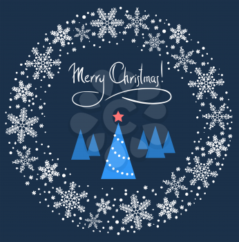 Christmas Wreath with Blue Tree and Red Star. Vector Illustration