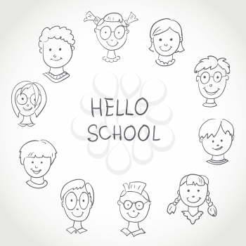 Hello School. Kids Face Set Sketch 