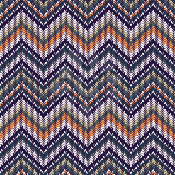 Seamless geometric ethnic spokes knitted pattern. Blue white orange beige color knitwear sample