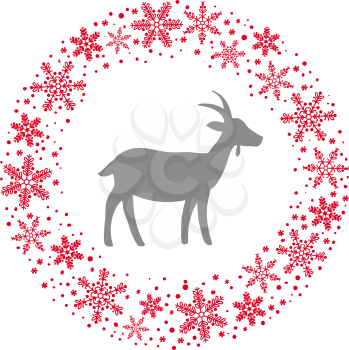Winter Christmas Round Wreath with Snowflakes and Goat. Blue Grey and White Color Vector Illustration