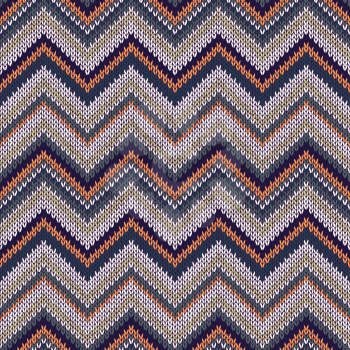 Seamless geometric ethnic spokes knitted pattern. Blue white orange green color knitwear sample