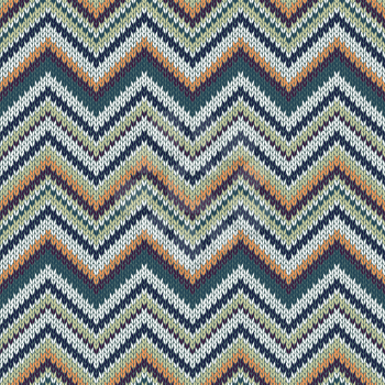 Seamless geometric ethnic spokes knitted pattern. White orange green color knitwear sample