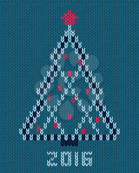 Christmas stylized tree with red star and balls. New year 2016 card. Knitted hand made embroidery pattern