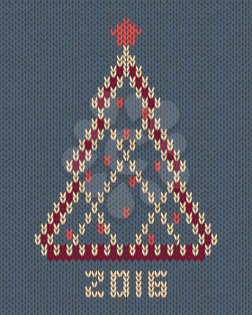 Christmas tree with red stylized star and balls. New year 2016 vintage card. Knitted hand made embroidery seamless pattern