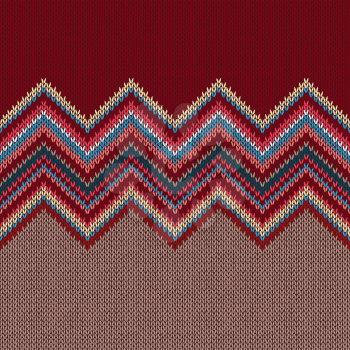 Seamless knitting Christmas pattern with wave ornament in red blue white brown yellow color