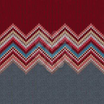 Seamless knitting Christmas pattern with wave ornament in red blue white grey yellow color