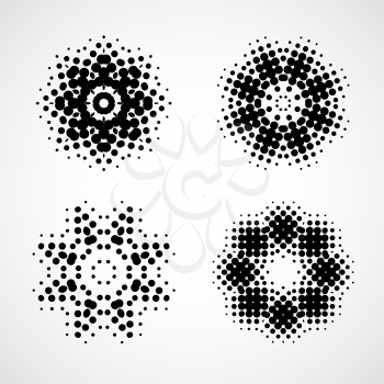 Halftone snowflake. Abstract black and white design element. Set
