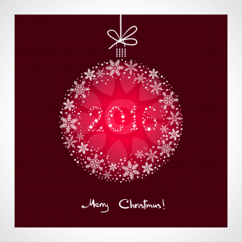 Merry Christmas and Happy New Year 2016. stylized red ball with snowflakes. Season greeting card template