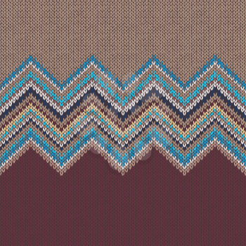 Seamless knitting pattern with wave ornament in brown beige blue white yellow color