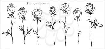 Roses. Collection of isolated rose flower sketch on white background. The continuous line doodled design.