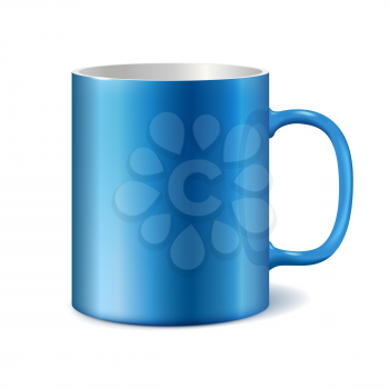 Blue and white ceramic mug for printing corporate logo. Cup isolated on white background. Vector 3D illustration