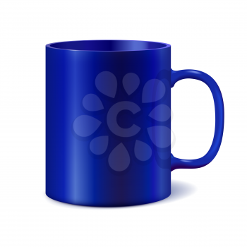 Blue and white ceramic mug for printing corporate logo. Dark color. Cup isolated on white background. Vector 3D illustration