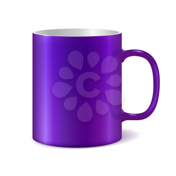 Violet and white ceramic mug for printing corporate logo. Dark color. Cup isolated on white background. Vector 3D illustration