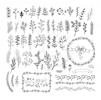 Floral vintage hand drawn vector collection. Set of ink doodle design elements isolated on white for wedding, birthday, christmas cards and other invitation. Rustic style