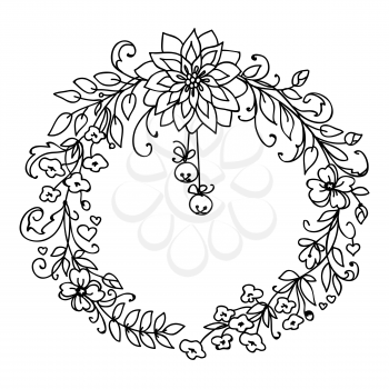Merry Christmas and New Year wreath of branches and flowers with little bells. Black and white illustration isolated on white background. Simple art graphic design