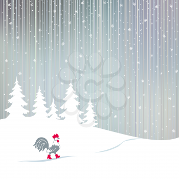 Rooster in red boots. Cartoon stylized symbol of New Year 2017 isolated on white background. Cock walking on a snowy winter the magical forest
