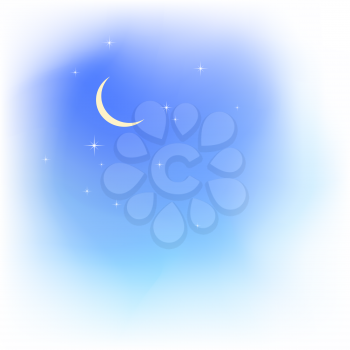 Blue sky in soft clouds with moon and stars. Fair weather. Evening sky. Blured clouds and sky vector background