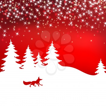 Christmas background. Winter landscape with fox. White fairy forest