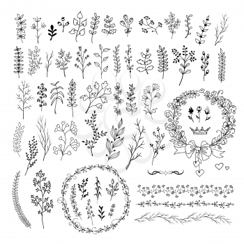 Hand drawn line floral and romantic design elements . Big set of isolated vector doodles