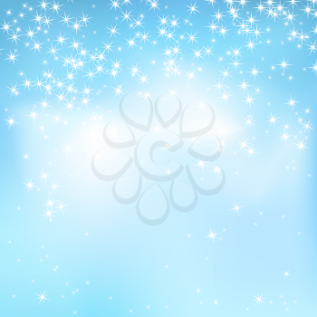 Blue sky abstract background with soft clouds and stars. Magical New Year, Christmas event style background