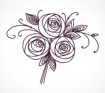 Flower bouquet. Stylized roses hand drawing. Outline icon symbol. Present for wedding, birthday invitation card