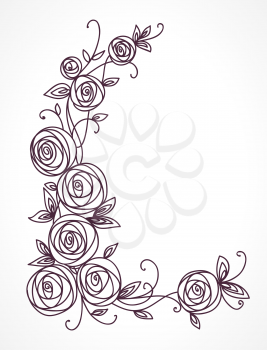 Stylized rose flowers bouquet. Branch of flowers and leaves interlacing. Corner Decorative Composition.