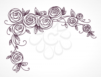 Stylized rose flowers bouquet. Branch of flowers and leaves interlacing. Corner horizontal decorative composition.
