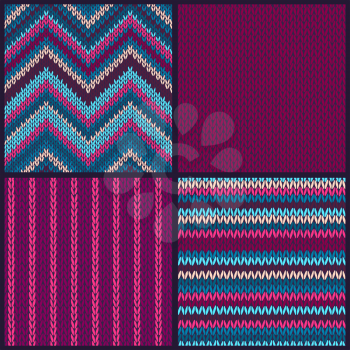 Seamless knitted pattern. Set of blue pink white color backgrounds.
