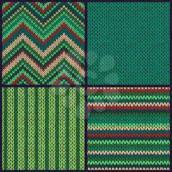 Seamless knitted pattern. Set of green red color backgrounds.