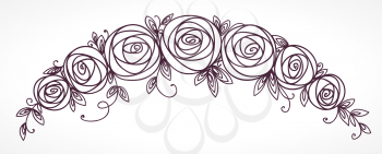Floral garland. Rose flowers bouquet. Branch of stylized flowers and leaves interlacing.