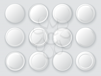 White icon collection. Set of realistic pin buttons. Empty template