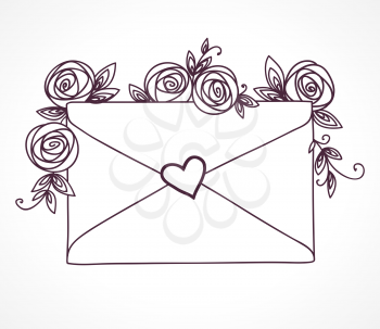 Envelope sealed with heart with roses flowers. Love symbol