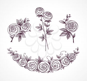 Roses set. Collection of roses bouquets. Stylized flower outline hand drawing. Present for wedding, birthday