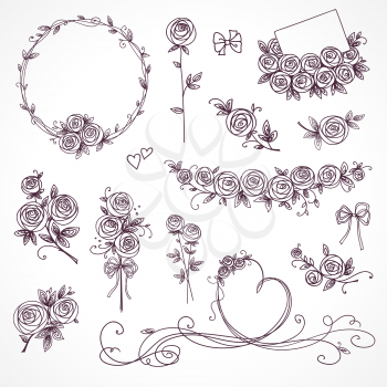 Set of floral design elements. Flower branch, wreaths, heart. Roses flowers. Wedding birthday valentines day concept.