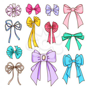 Set of color bows for the design congratulatory cards, gifts, souvenirs. Drawing sketches.