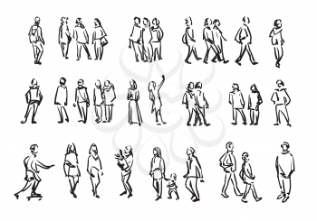 People sketch. Casual group of people silhouettes. Outline hand drawing illustration
