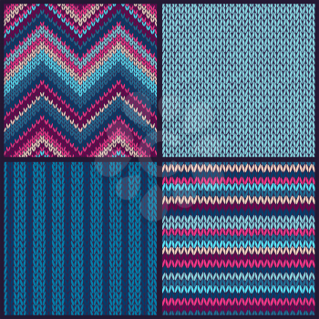 Seamless knitted pattern. Set of blue pink white color backgrounds.