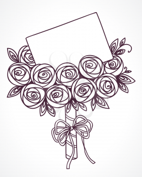 Bouquet of roses with message card. Hand drawing outline flowers as gift with letter