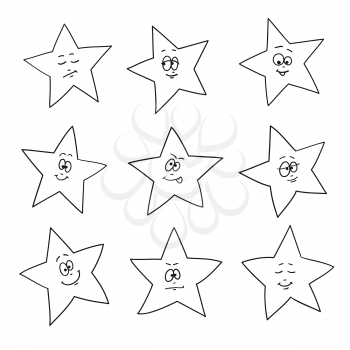 Cartoon faces emotions. Set of festive fun stars. Different hand drawing star shapes