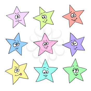 Cartoon faces emotions. Set of color festive fun stars. Different hand drawing star shapes.