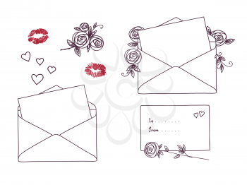 Open letter with kisses, roses and hearts. Postal holiday vector set. Outline doodle graphic style.