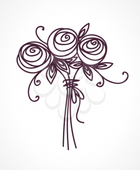 Flower bouquet. Stylized roses outline hand drawing. Present for wedding, birthday