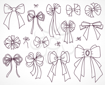 Set of bows for the design congratulatory cards, gifts, souvenirs. Drawing sketches.