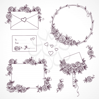 Set of floral design elements. Flower branch, wreaths, heart. Roses flowers. Wedding, birthday, valentines day concept